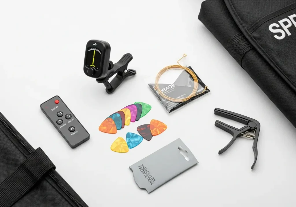 Flatlay of guitar starter accessories