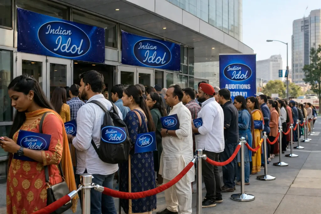 Singers queuing outside an audition centre for offline auditions in a major Indian city