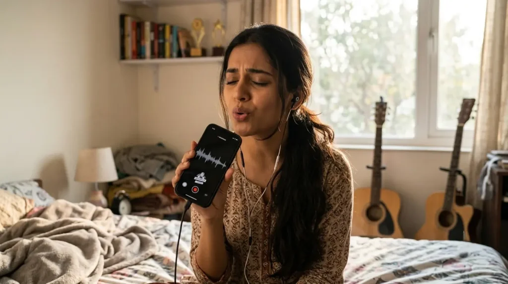 Singer recording WhatsApp audio for online singing audition