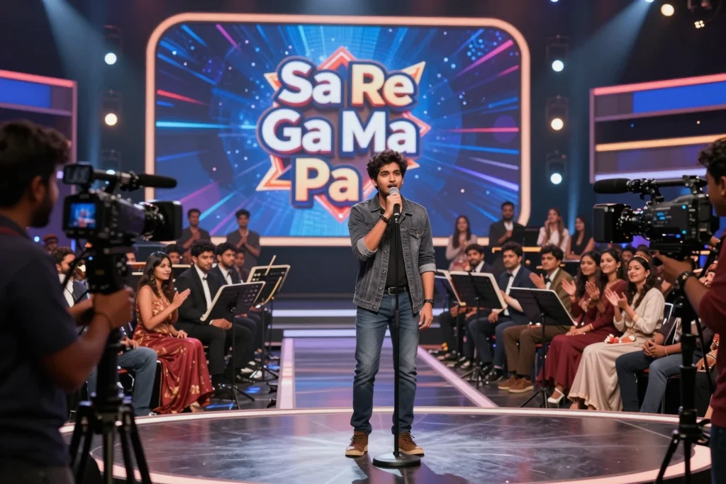 latest-sa-re-ga-ma-pa-audition Indian singer performing during a professional singing reality show audition