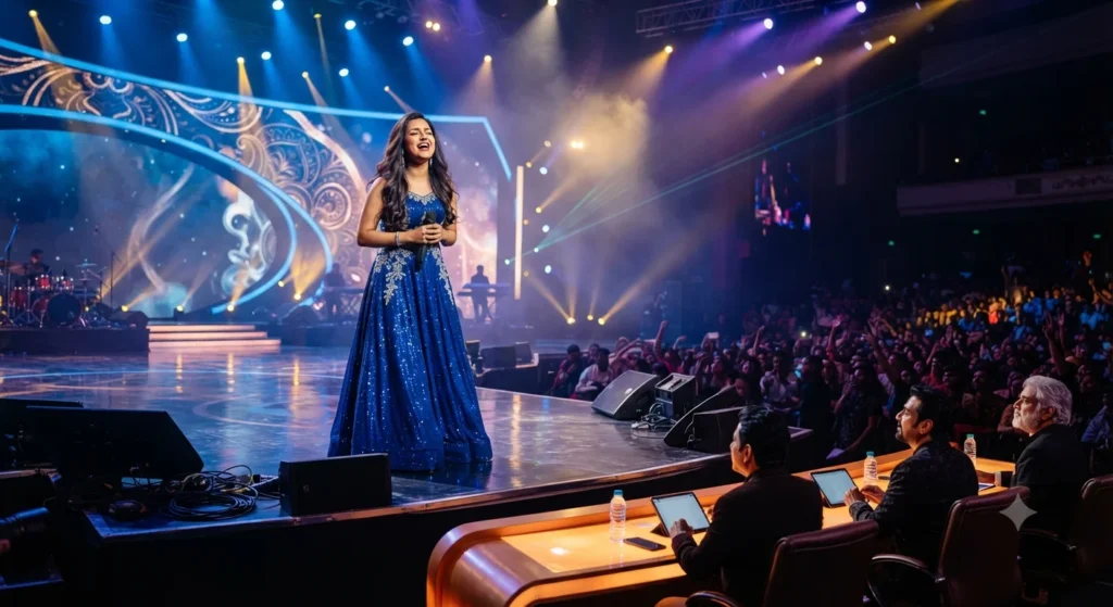 Young Indian singer performing in a national singing competition