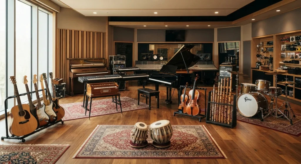 popular-musical-instruments Popular musical instruments displayed inside a professional music studio