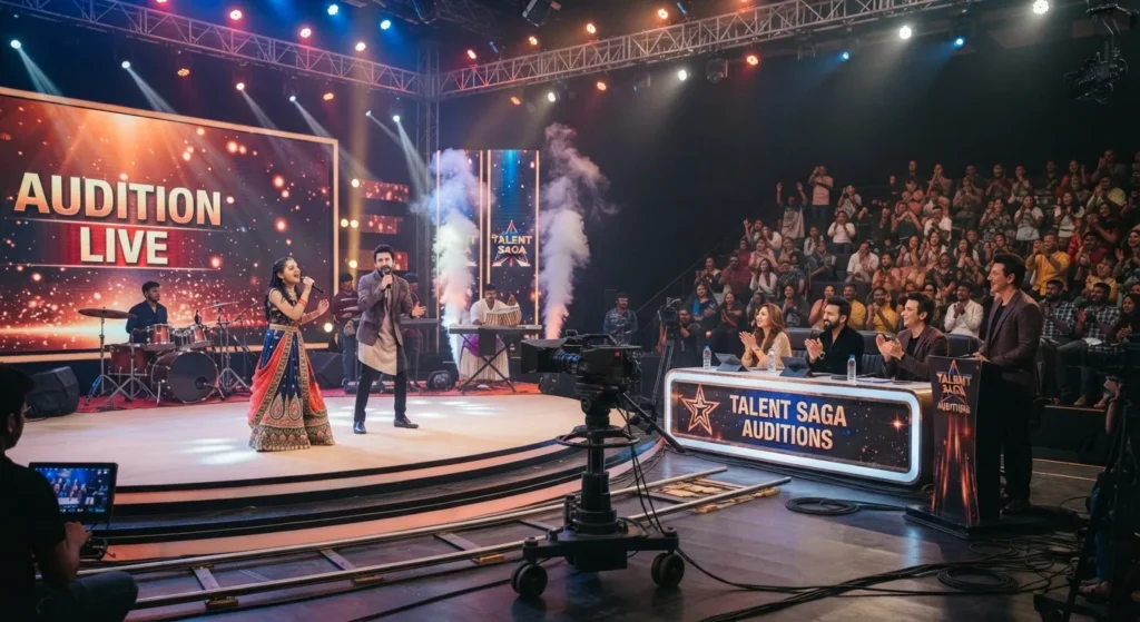 popular-reality-show-auditions Contestants performing during a reality show audition in India