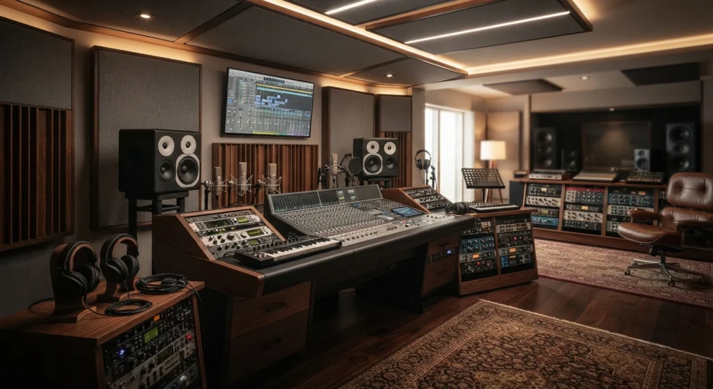 professional-recording-equipment Professional recording equipment inside a modern music studio