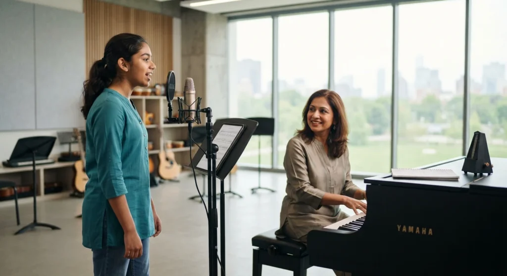 professional-singing-classes Student learning vocal techniques in a professional singing class